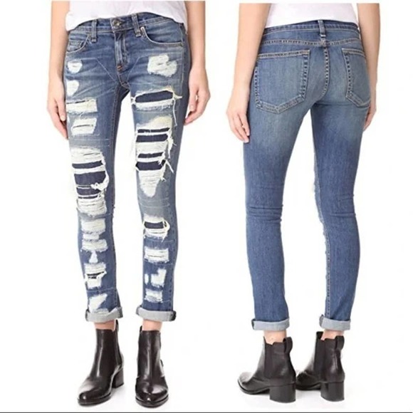Rag & Bone Dre Ada Brigade Low Rise Distressed Denim Jeans EUC 28 - Picture 1 of 6